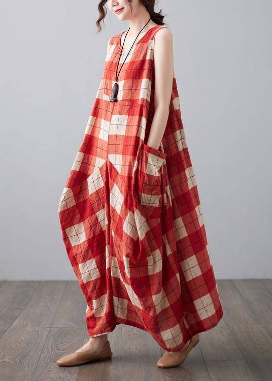 Natural Red Plaid Sleeveless Pockets Summer Dress