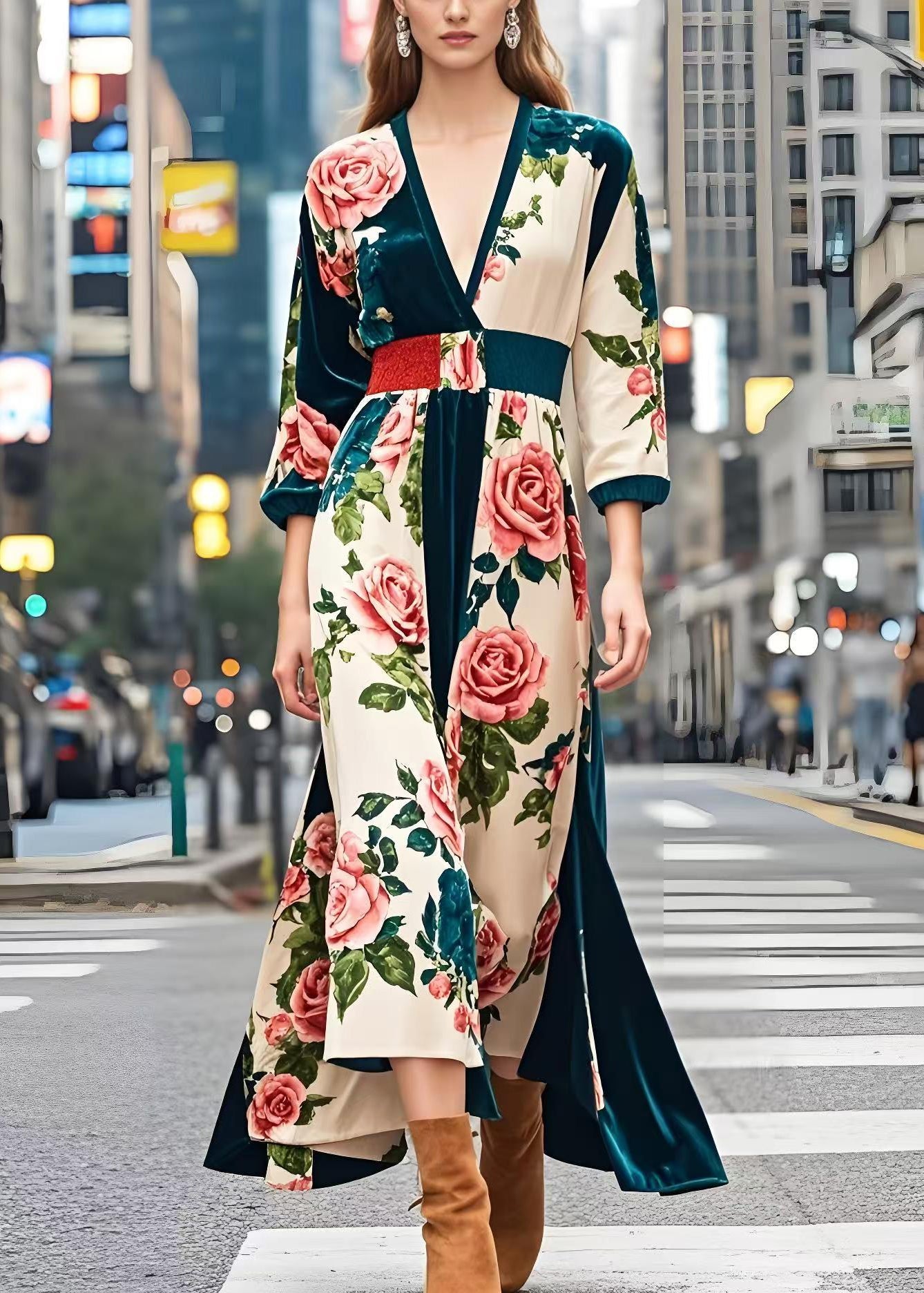 Peacock Green Cinched Print Silk Velour Dress Spring