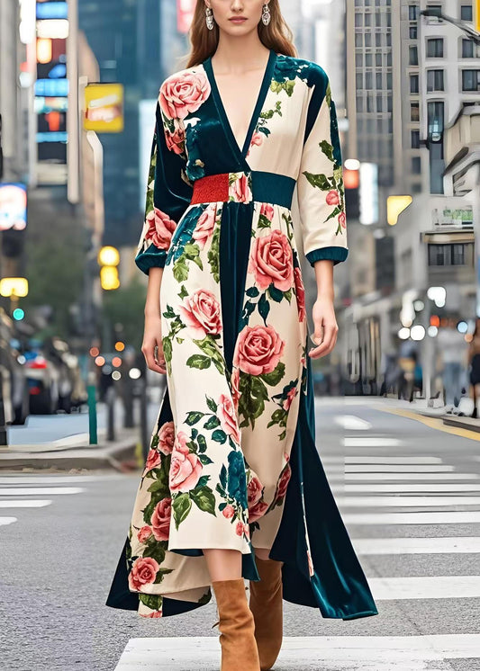 Peacock Green Cinched Print Silk Velour Dress Spring