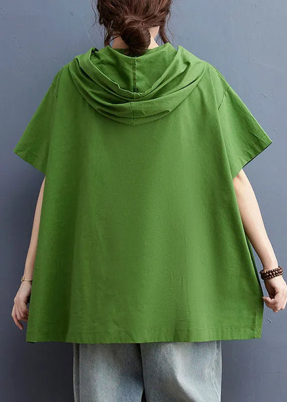 Stylish Green Drawstring Hooded Pockets Cotton Loose Sweatshirt Tops Short Sleeve