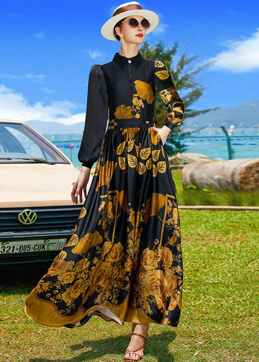 French Black Peter Pan Collar Print Sashes Silk Holiday Dresses Spring