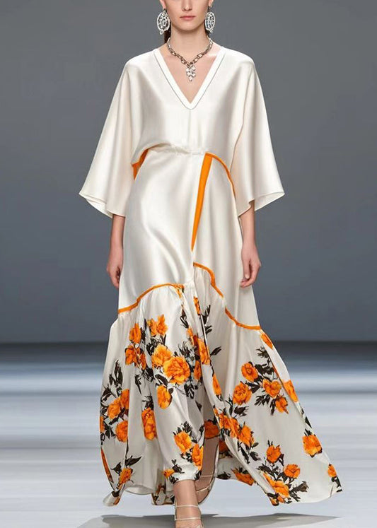 French White Oversized Print Silk Party Dress Bracelet Sleeve Summer