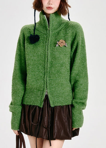 Modern Tea Green Zip Up Knit Cardigans Winter