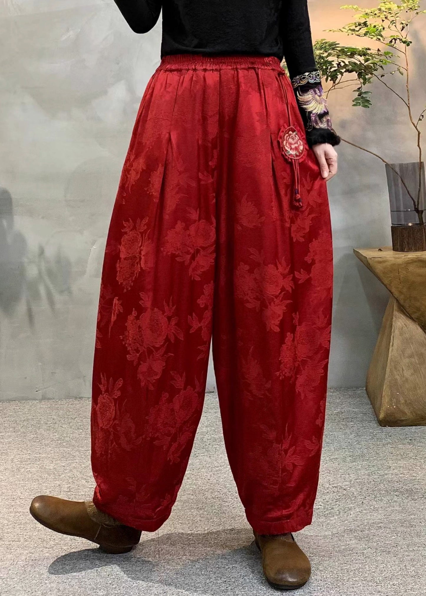 Dull Purple Oversized Jacquard Fine Cotton Filled Harem Pants Winter