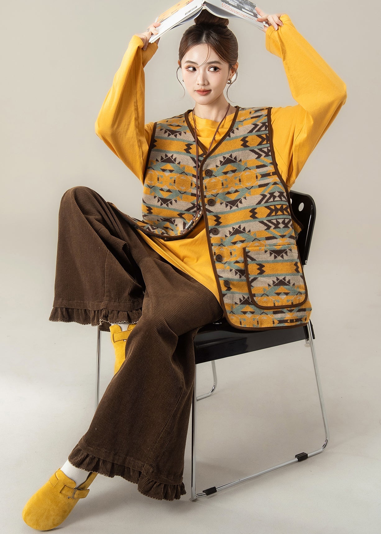 Style Jacquard Vest and T Shirt Wide Leg Pants 3 Piece Outfit Winter