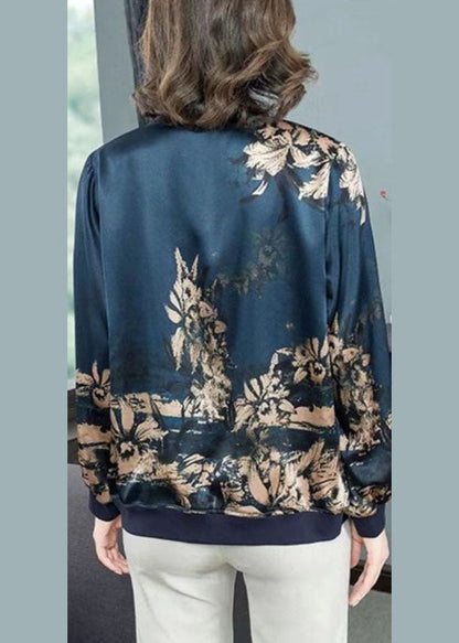 Navy Stand Collar Zip Up Print Silk Coat Outwear Fall