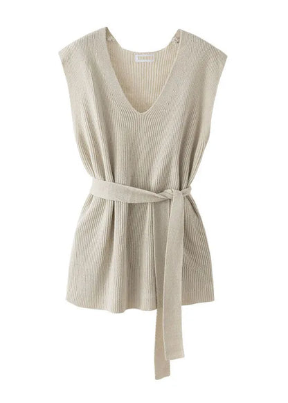 Apricot V Neck Cinched Knit Vest Sleeveless