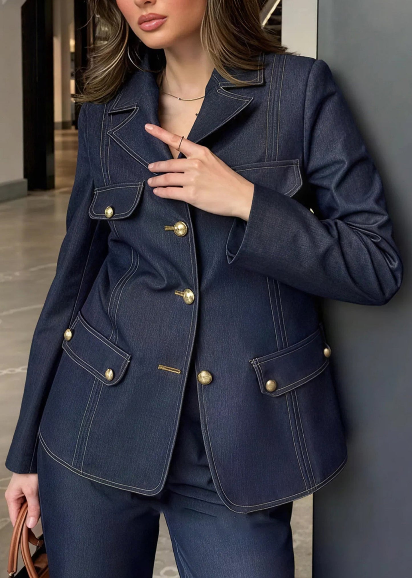 American Style Blue Coat and Pants Denim Two Pieces Set Fall