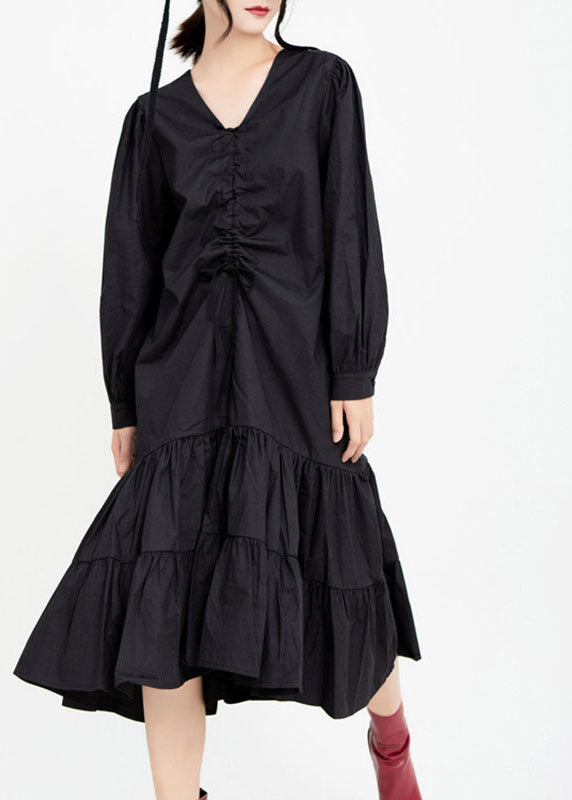 Handmade Black V Neck Patchwork Ruffles Drawstring Fall Maxi Dresses Long Sleeve