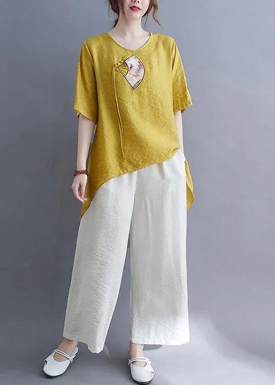 Italian Yellow Embroideried Cotton Linen Top Summer
