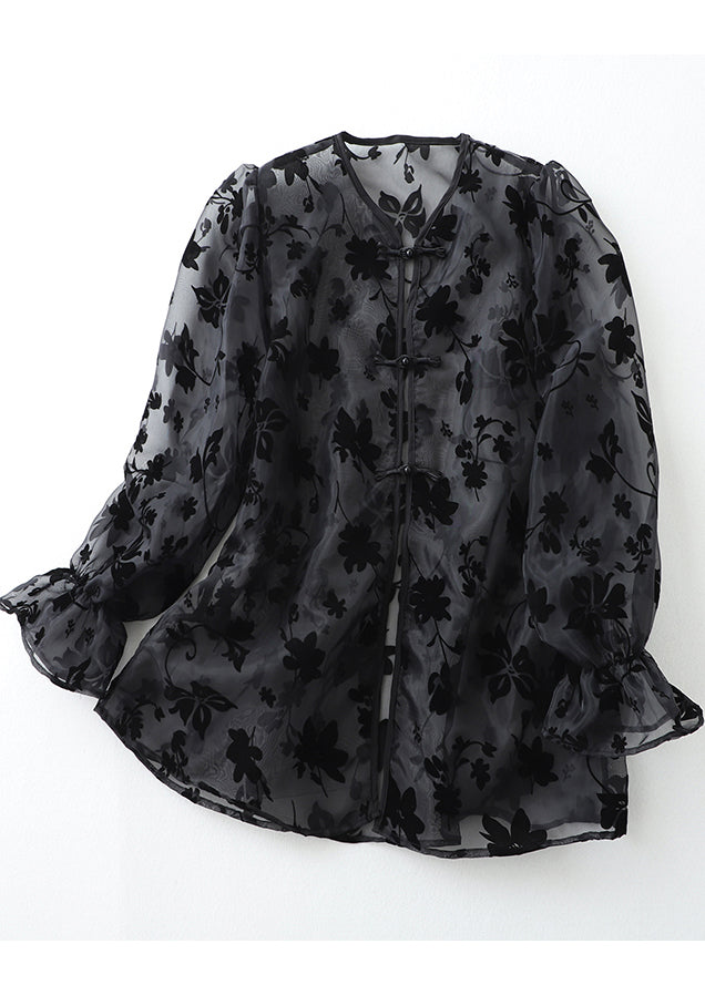 Loose Grey Print Chinese Button Tulle Upf 50+ Tops Summer