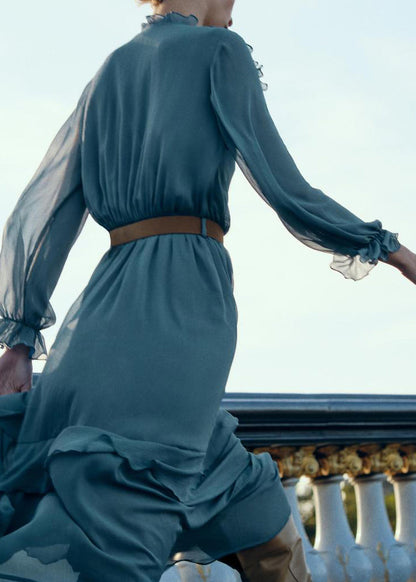 New Blue Ruffled Sashes Chiffon Long Dresses Fall