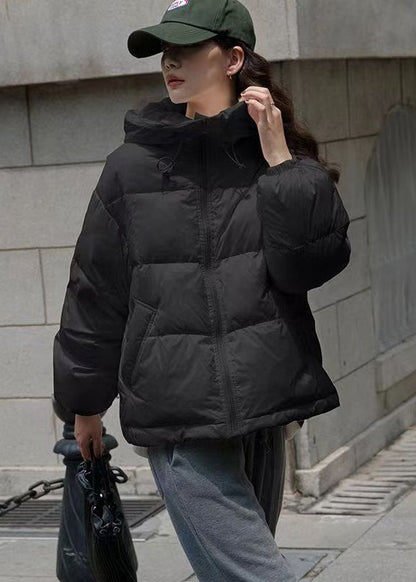 Italian Black Zip Up Pockets Duck Down Hooded Jacket Winter