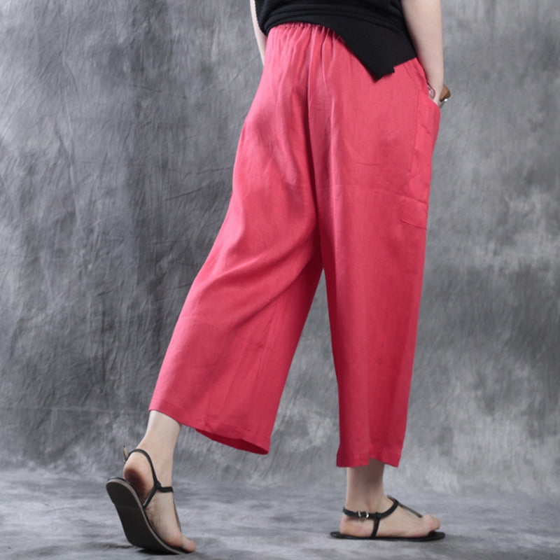 Natural Red Pockets Fall Wide Leg Linen Pants