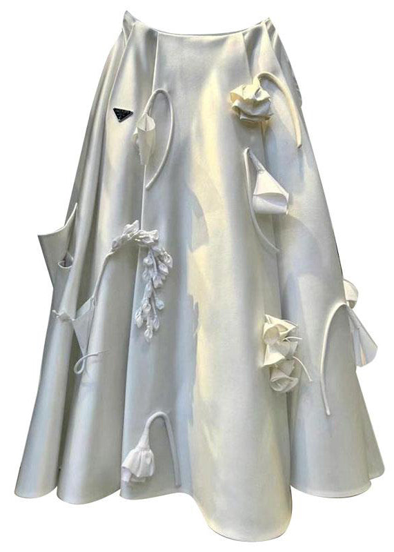 White Wrinkled Decorated Silk Skirts Summer