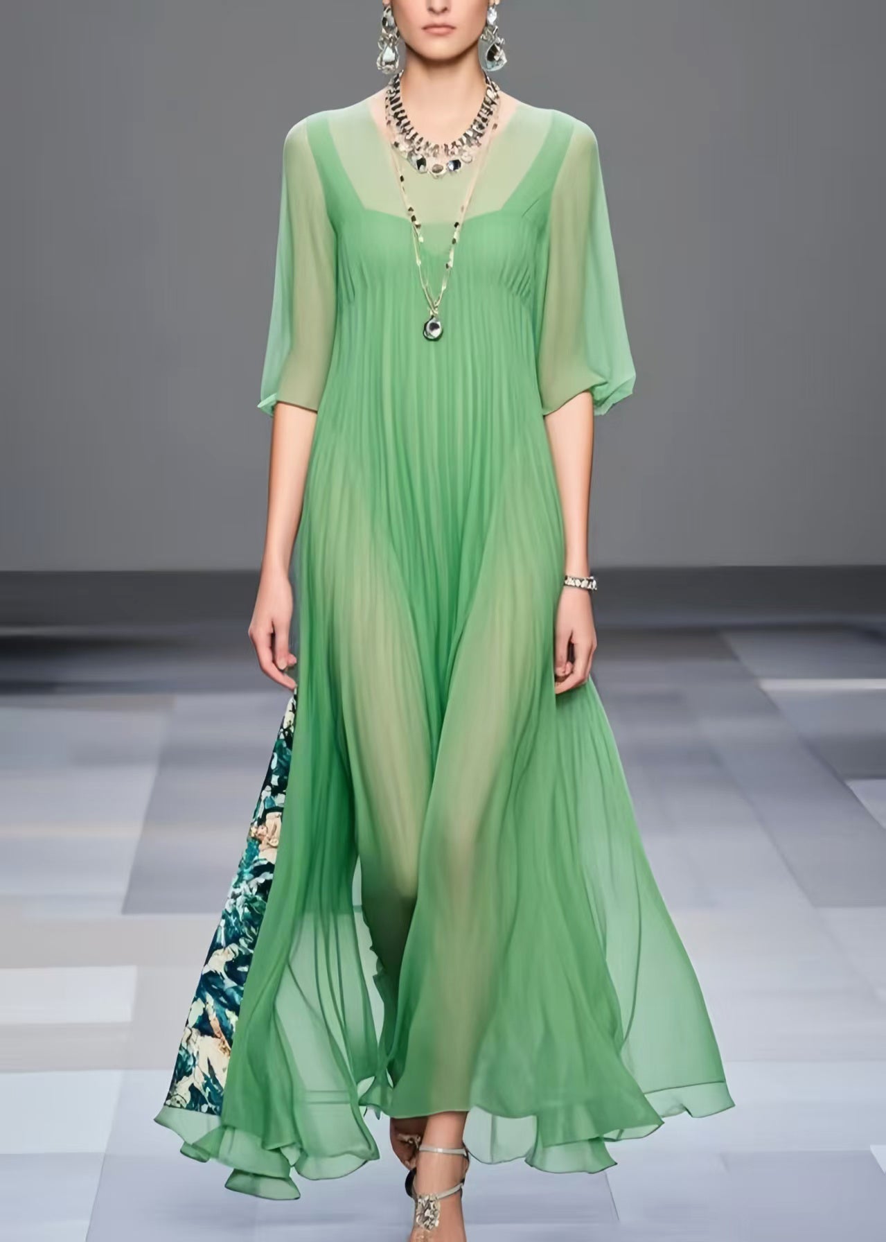 Modern Light Green Oversized Patchwork Chiffon Vacation Dresses Half Sleeve Summer
