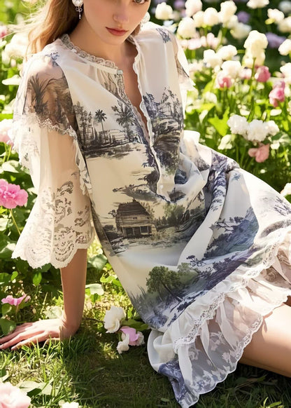 Diy White Print Patchwork Chiffon Work Dress Summer