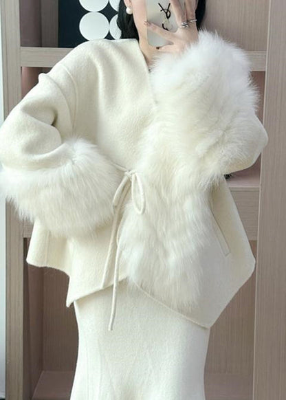Caramel Fox Collar Patchwork Tie Waist Woolen Coats Fall