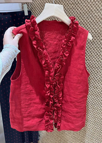 Simple Red V Neck Ruffled Cotton Blouse Top Sleeveless Fall