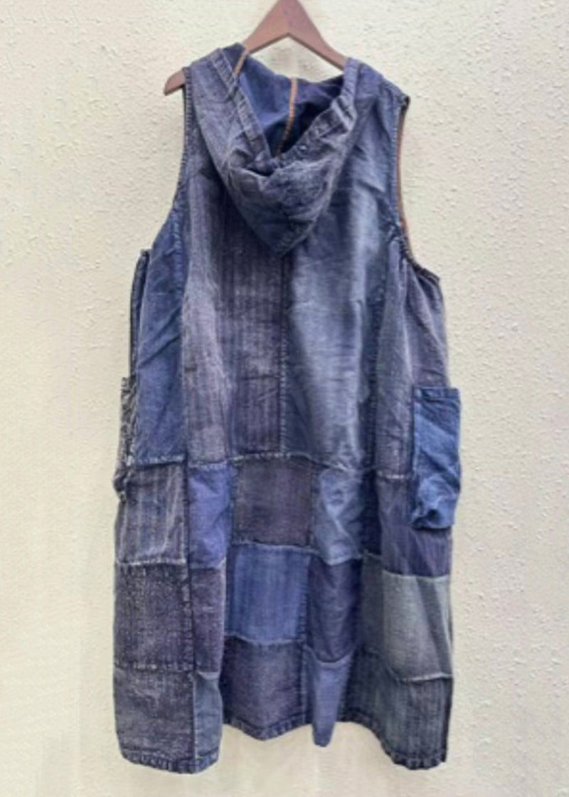 Colorblock Hooded Pockets Cotton Waistcoat Sleeveless