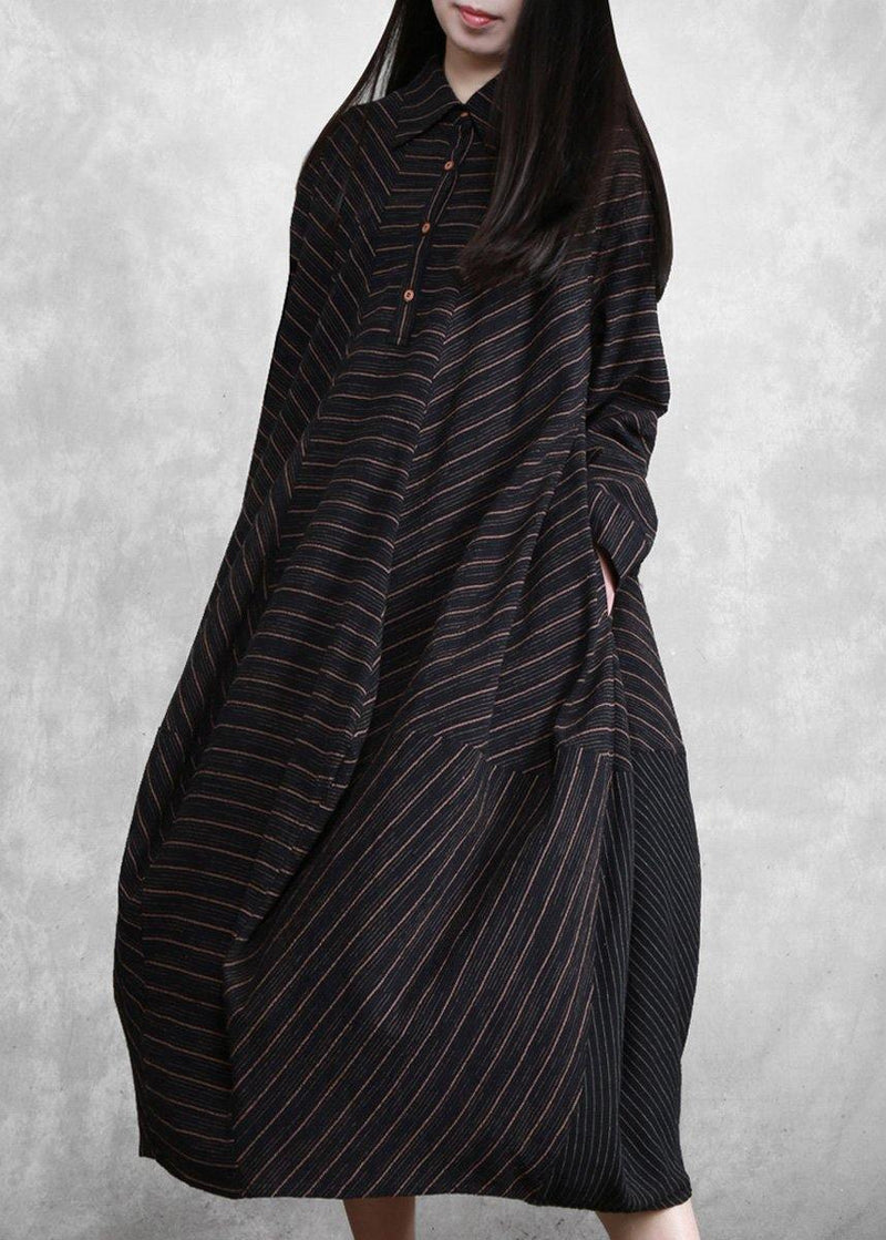 Natural Black Striped Linen Dresses Spring Gown