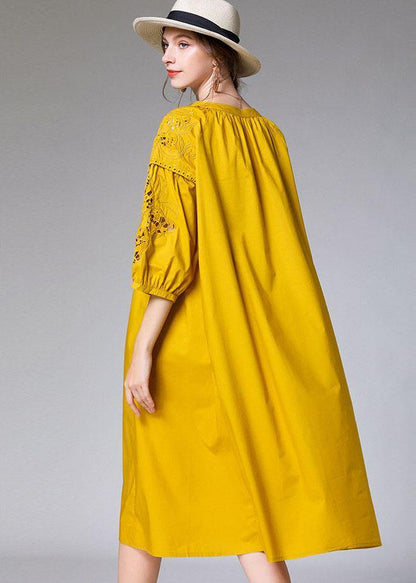 Yellow Hollow Out Embroideried Spring Three Quarter Sleeve Mid Dress