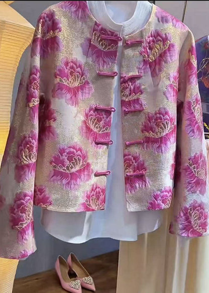Chinese Style Pink O-neck Print Coats Fal