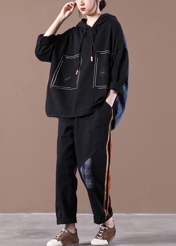 Black Denim Stitching Embroidery Suit