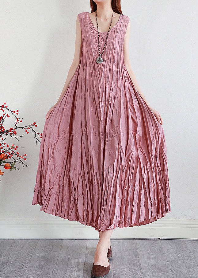 Pink Silk Linen Long Dress O Neck Summer
