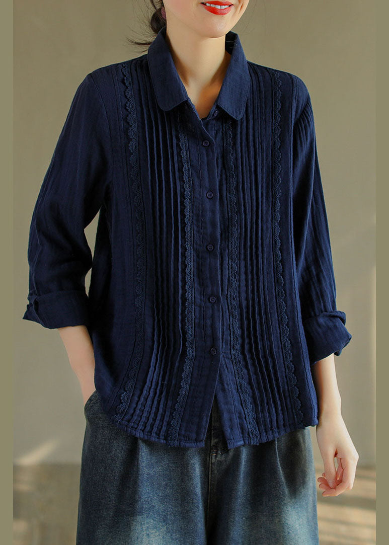 French Tibetan Blue Button Peter Pan Collar Lace Patchwork Cotton Shirt Tops Spring