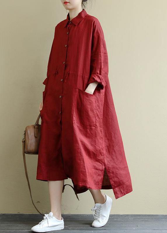 Red Flower Linen Shirt Dress Oversize Spring Maxi Dresses
