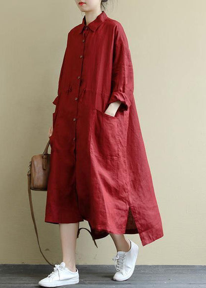 Red Flower Linen Shirt Dress Oversize Spring Maxi Dresses