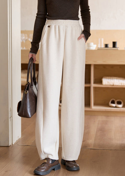 New Beige Pockets Elastic Waist Woolen Pants Spring