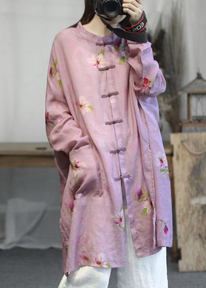 Diy Green Stand Collar Pockets Print Button Linen Coats Long Sleeve