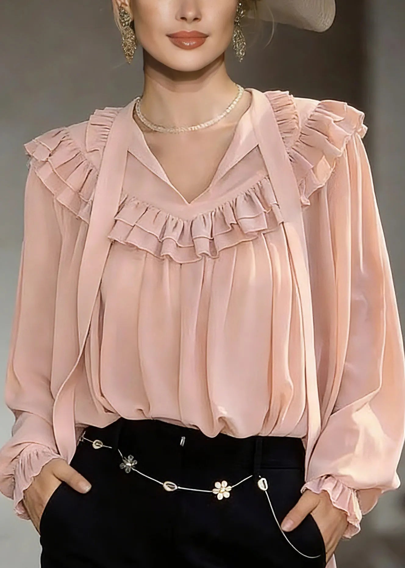 Modern Pink V Neck Ribbon Shirts Lantern Sleeve