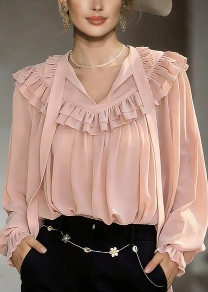 Modern Pink V Neck Ribbon Shirts Lantern Sleeve