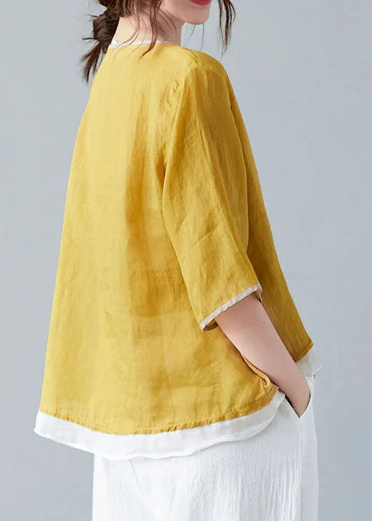 French White Bamboo V Neck Asymmetrical Design Shirt Spring
