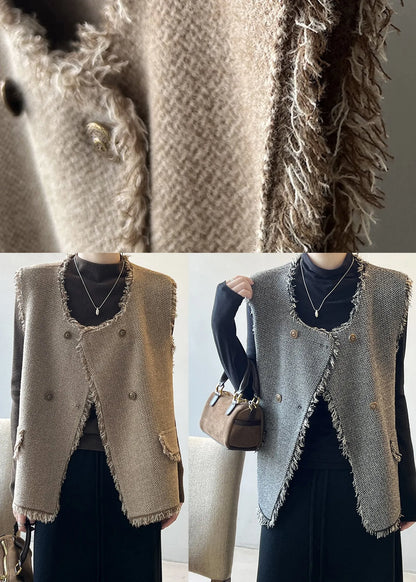Grey Tasseled Double Breast Knit Vest Sleeveless