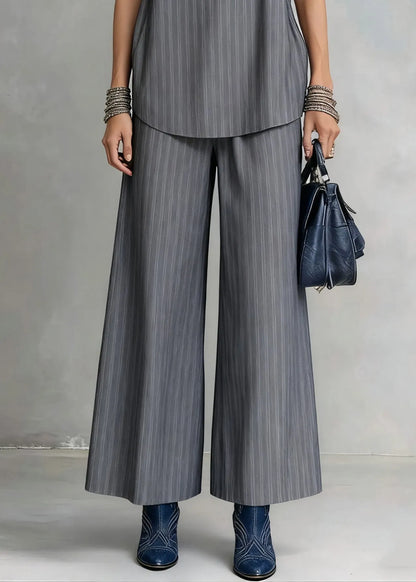 French Grey Striped Spaghetti Strap Tank and Wide Leg Pants Cotton Two Pieces Set Sleeveless