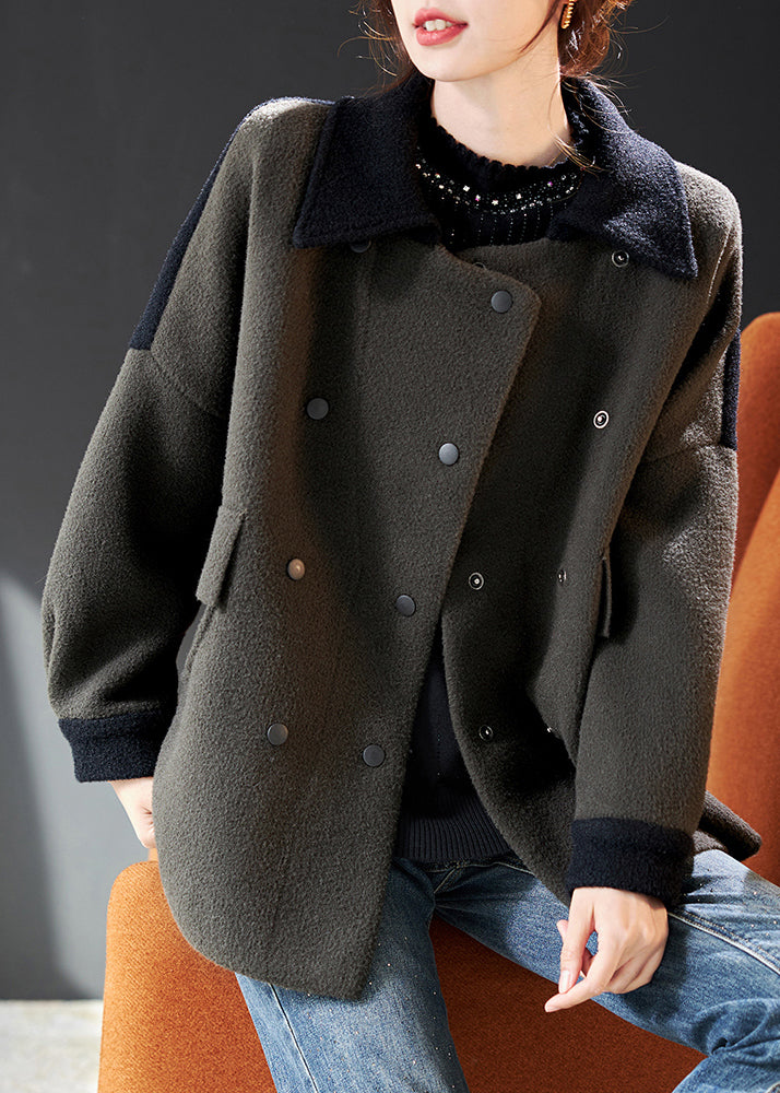 Army Green Double Breast Pockets Patchwork Woolen Coat Spring