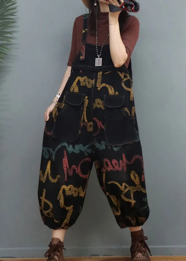 Graphic Print Patchwork Denim Lantern Jumpsuits Spring