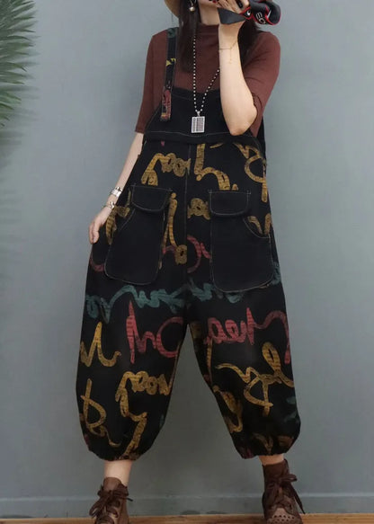 Graphic Print Patchwork Denim Lantern Jumpsuits Spring