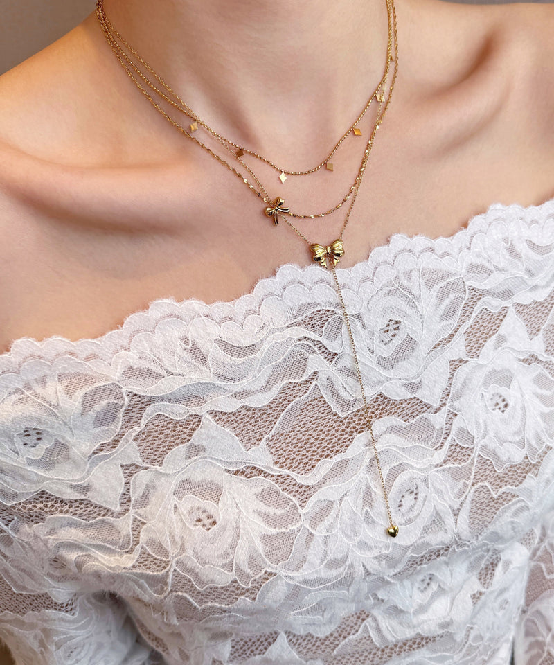 Fine Gold Bow Tassel Layering Alloy Two Piece Set Necklace