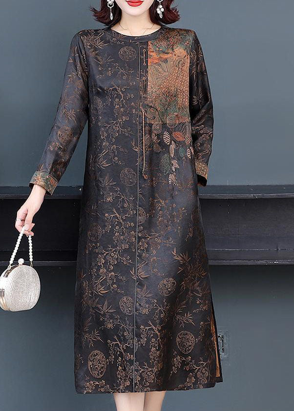 French Brown O-neck Patchwork Side Open Silk Long Dresses Fall