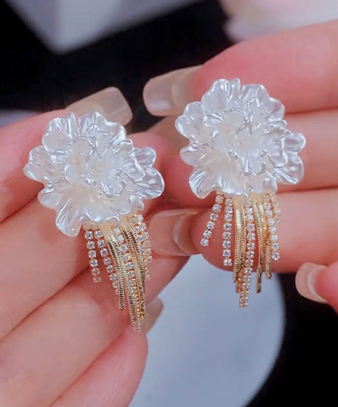 Stylish White Alloy Zircon Tassel Stud Earrings