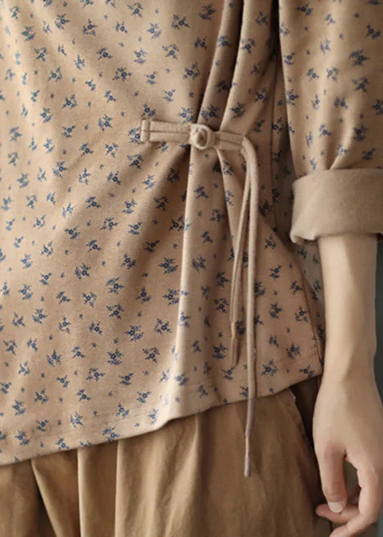 Diy Khaki Asymmetrical Print Cotton Top Long Sleeve