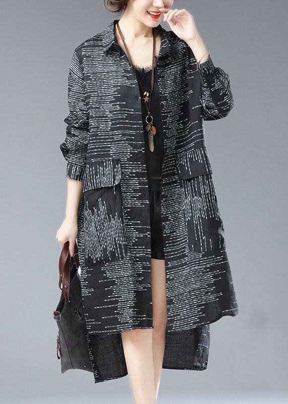 Black Peter Pan Collar Print Pockets Patchwork Cotton Long Coat Fall