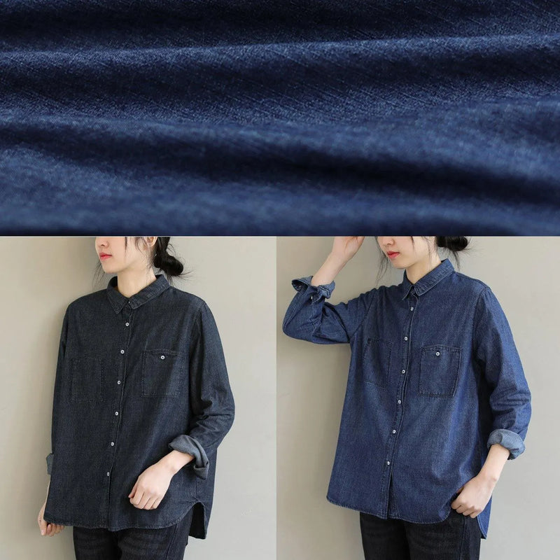 Diy Lapel Pockets Spring Clothes for Pattern Denim Blue Shirt