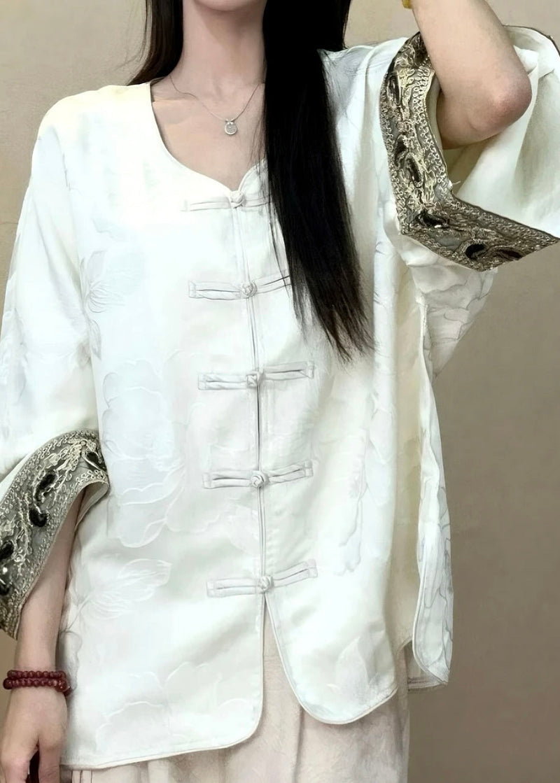 Chinese Style Black O-neck Jacquard Button Silk Coats Long Sleeve