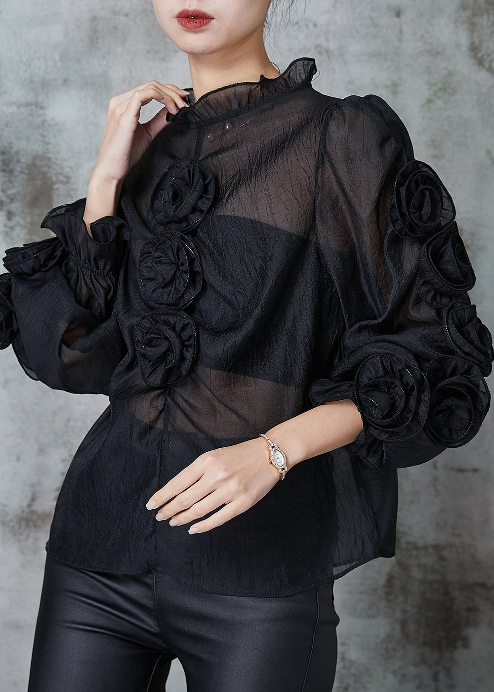 Art Black Ruffled Chiffon Shirt Spring